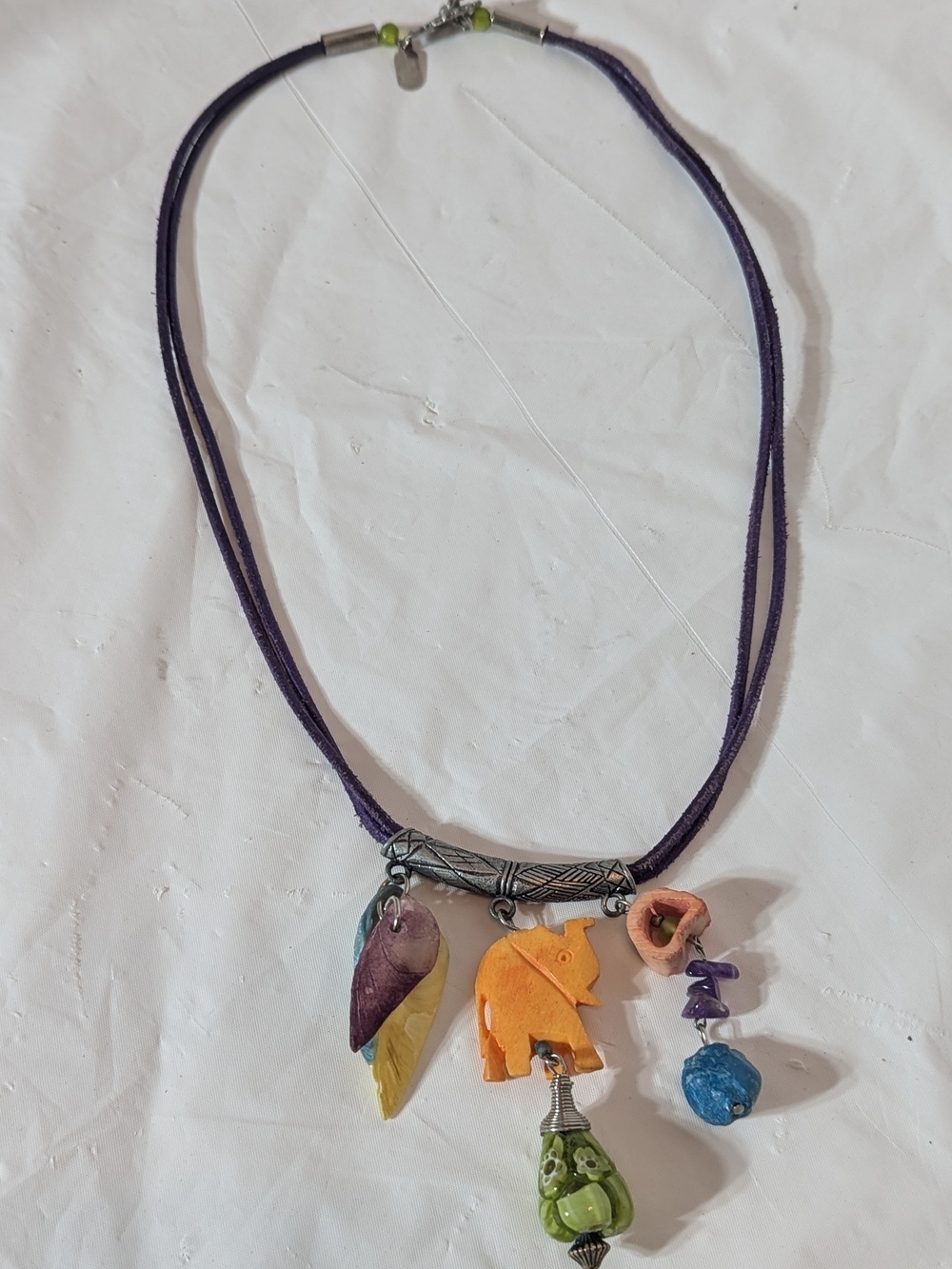Treska Purple Cord Necklace w/ Colorful Elephant and Bead Charms T Bar Clasp